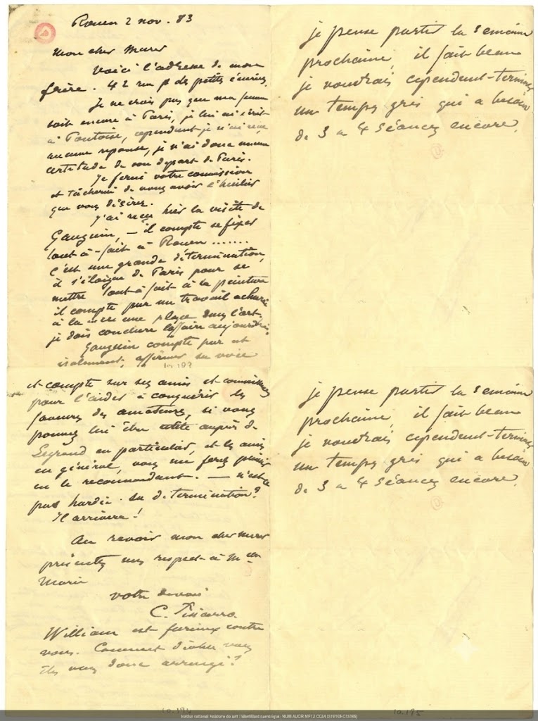 Lettre de Camille Pissarro à Eugène Murer