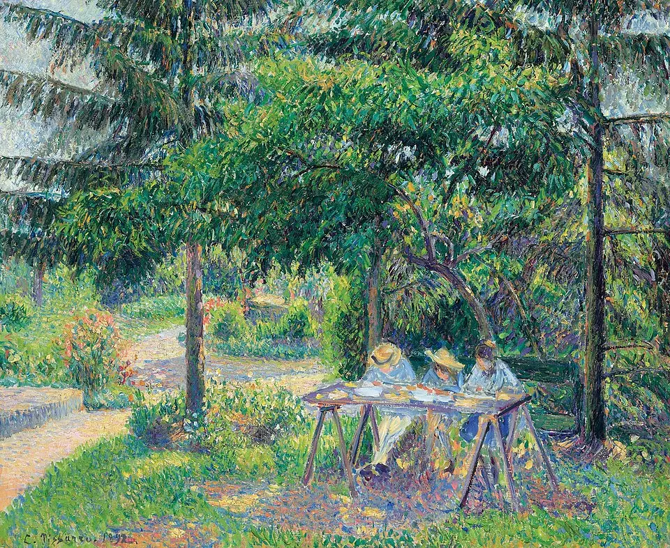 Enfants attablés dans le jardin à Éragny